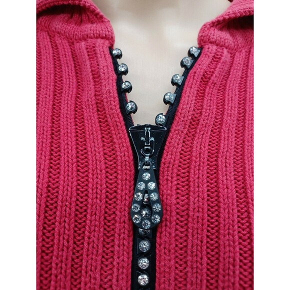 Vintage Von Saken Sweater Cardigan S Red Crystal Zipper Ribbed Bling USA Glam - Picture 2 of 9